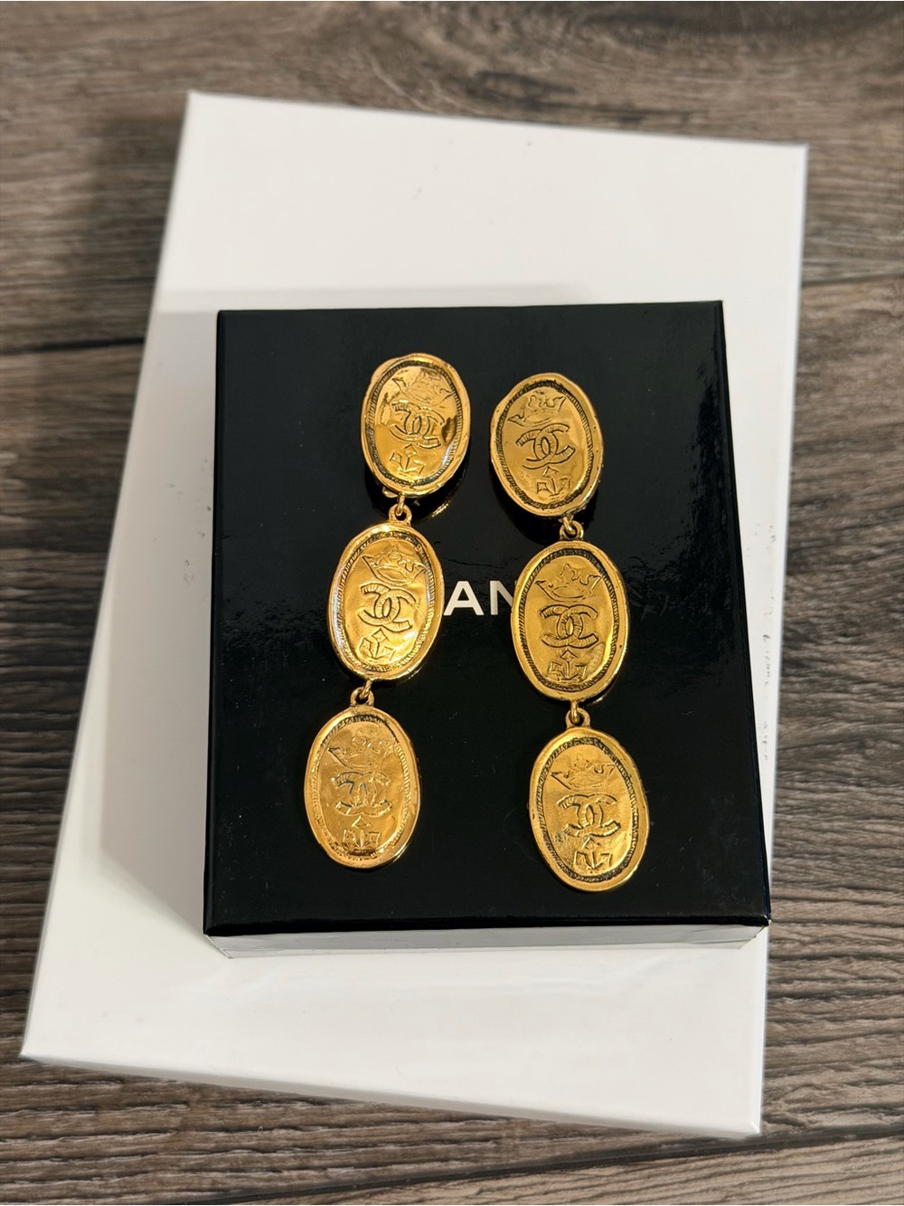CHANEL Vintage Gold CC Crown Oval Drop Clip On Earrings